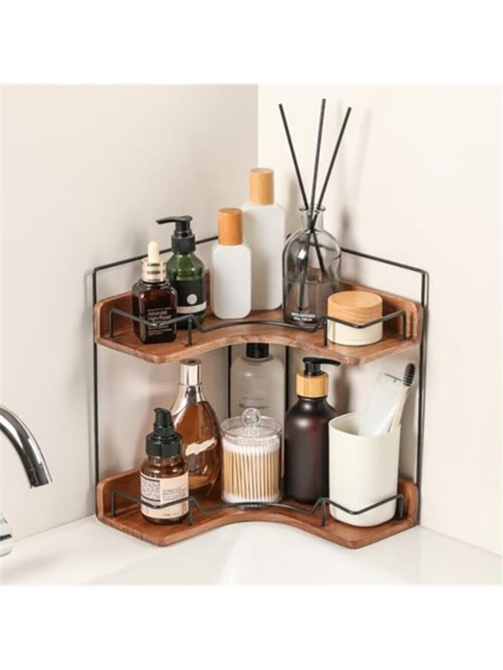 2-Tier Bathroom Counter Organizer, Wooden Corner Shelf for Vanity Countertop